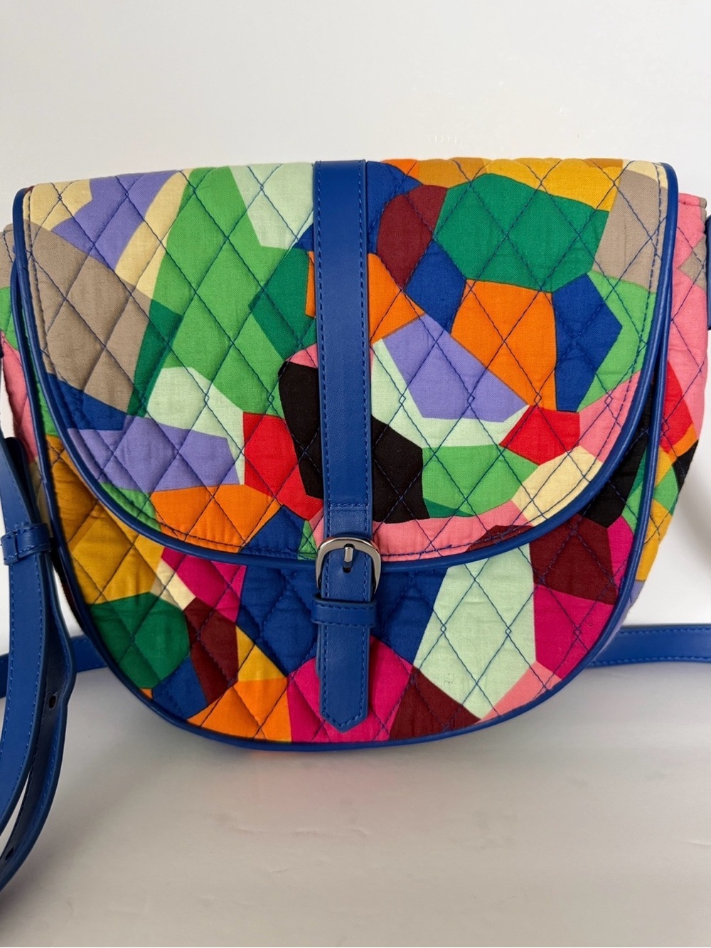 Vera Bradley Pop Art Slim Saddle Bag Quilted Crossbody Purse Blue
